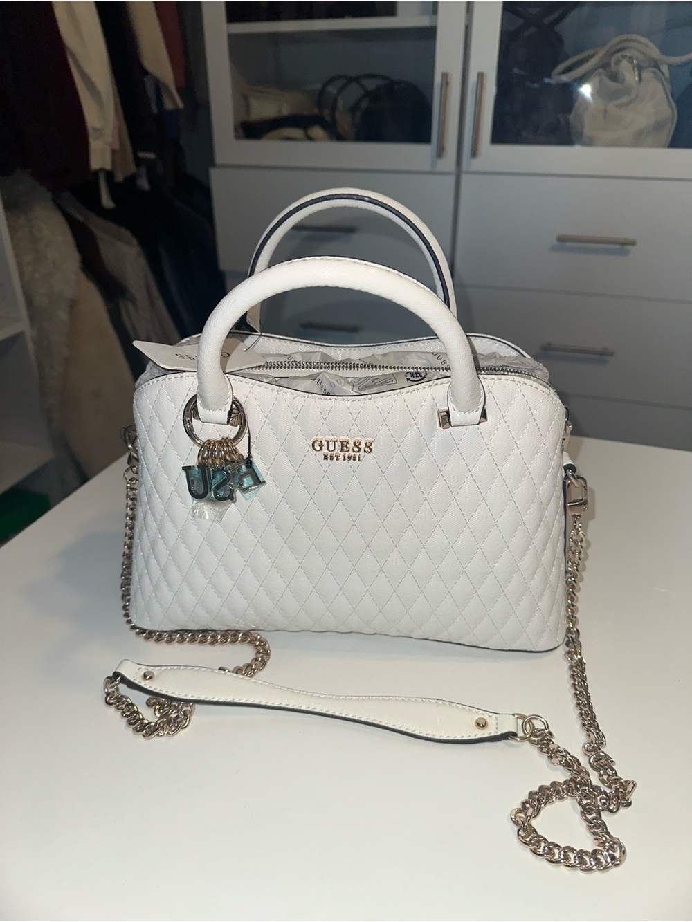 GUESS White Quilted Satchel with Gold Chain